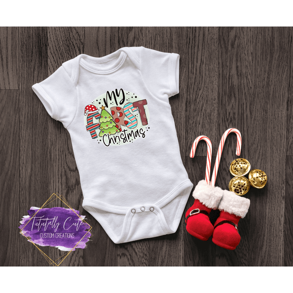 First Christmas Baby Bodysuits - Festive Print - Tututally Cute Custom Creations 