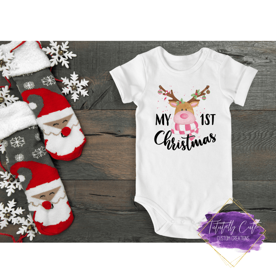 First Christmas Baby Bodysuits Pink Reindeer