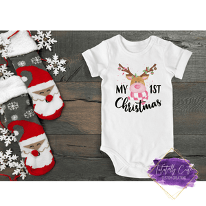First Christmas Baby Bodysuits - Pink Reindeer - Tututally Cute Custom Creations 