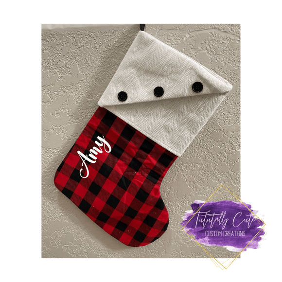 Red Plaid Knit Top Christmas Stockings - Tututally Cute Custom Creations 